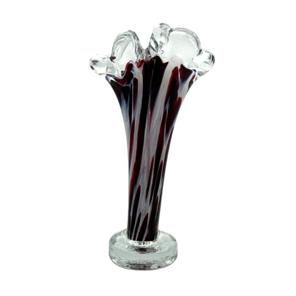 Double Bud Handblown Art Glass Vase Stretch Burgundy Blue White w/ Base 8.75" - Picture 3 of 6